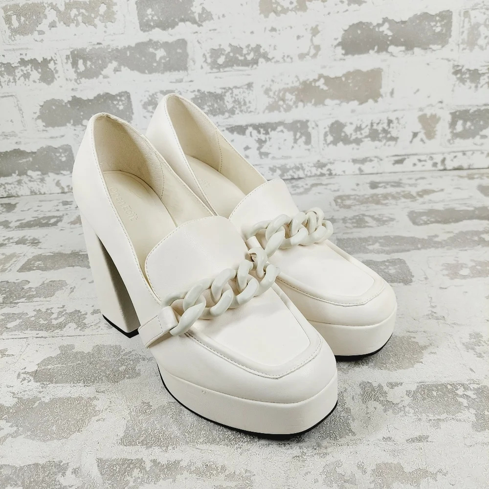 New Open Edit Women White Round Toe Chain Chunky Mid Platform Heels Shoes B501